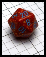Dice : Dice - 20D - Chessex Red and Yellow Speckle with Blue Numerals - POD Aug 2015